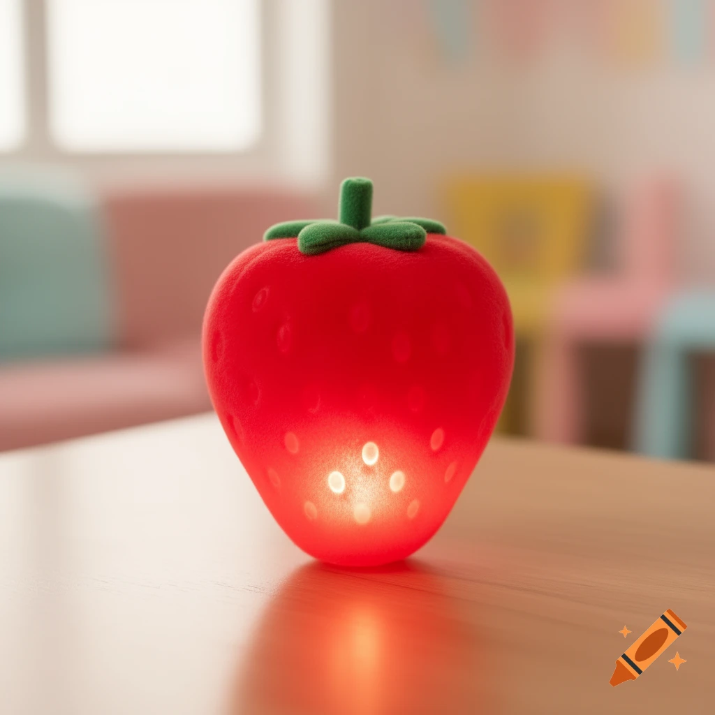 A red, glowing strawberry-shaped light sits on a wooden table, emitting a soft red glow. The background is softly blurred.