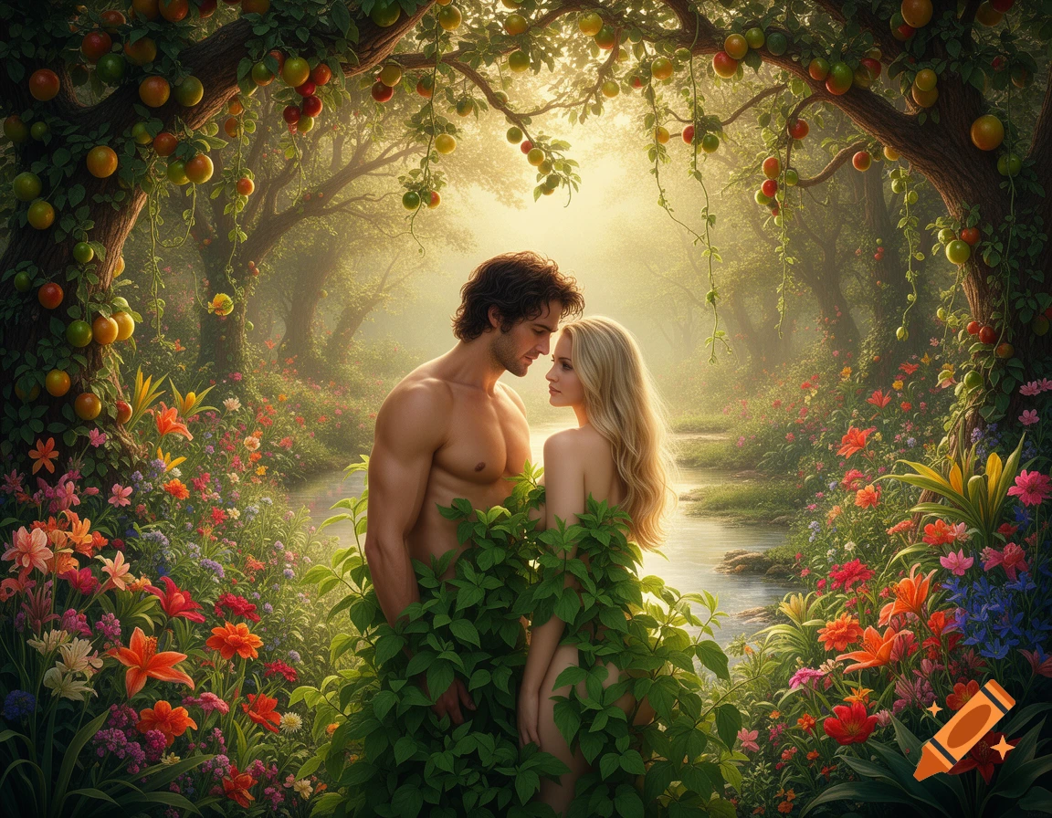 Photorealistic image of Adam and Eve partially covered by foliage, looking at each other in a lush Garden of Eden with fruit trees, flowers, and a stream.