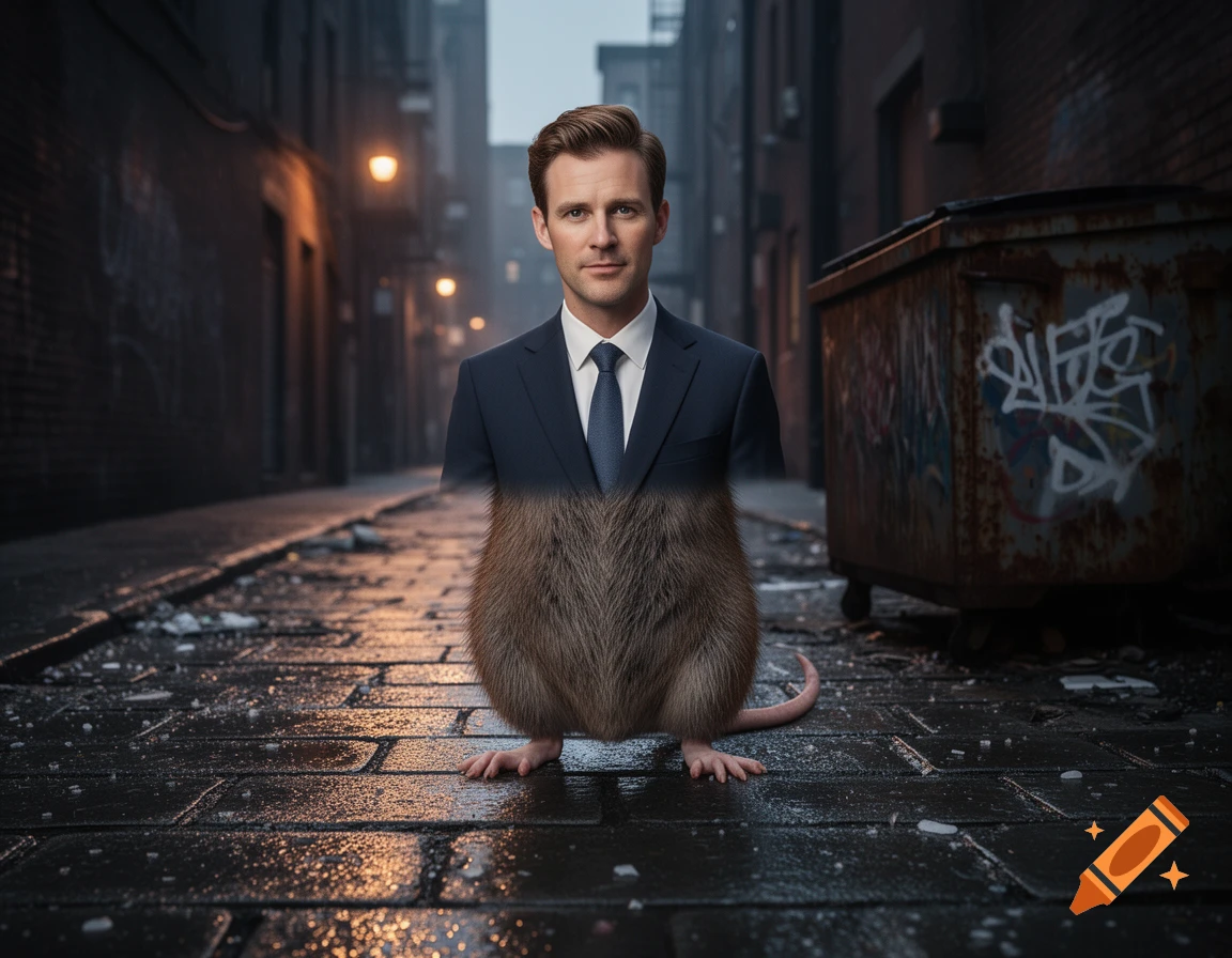 Photorealistic man in a suit with a rat's body standing in a dark, wet alley by a dumpster.