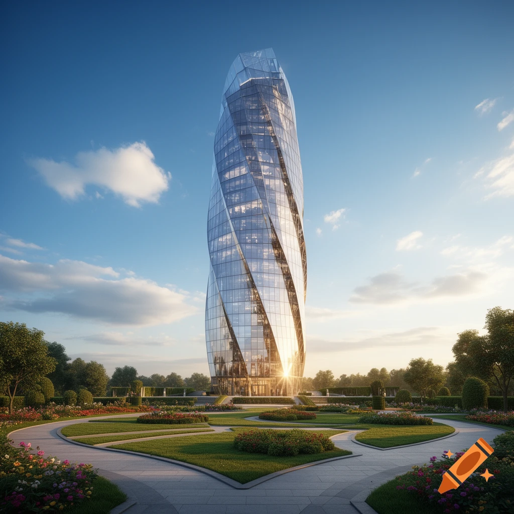 A towering, twisted glass skyscraper reflecting sunlight, surrounded by a beautiful landscaped garden under a blue sky.
