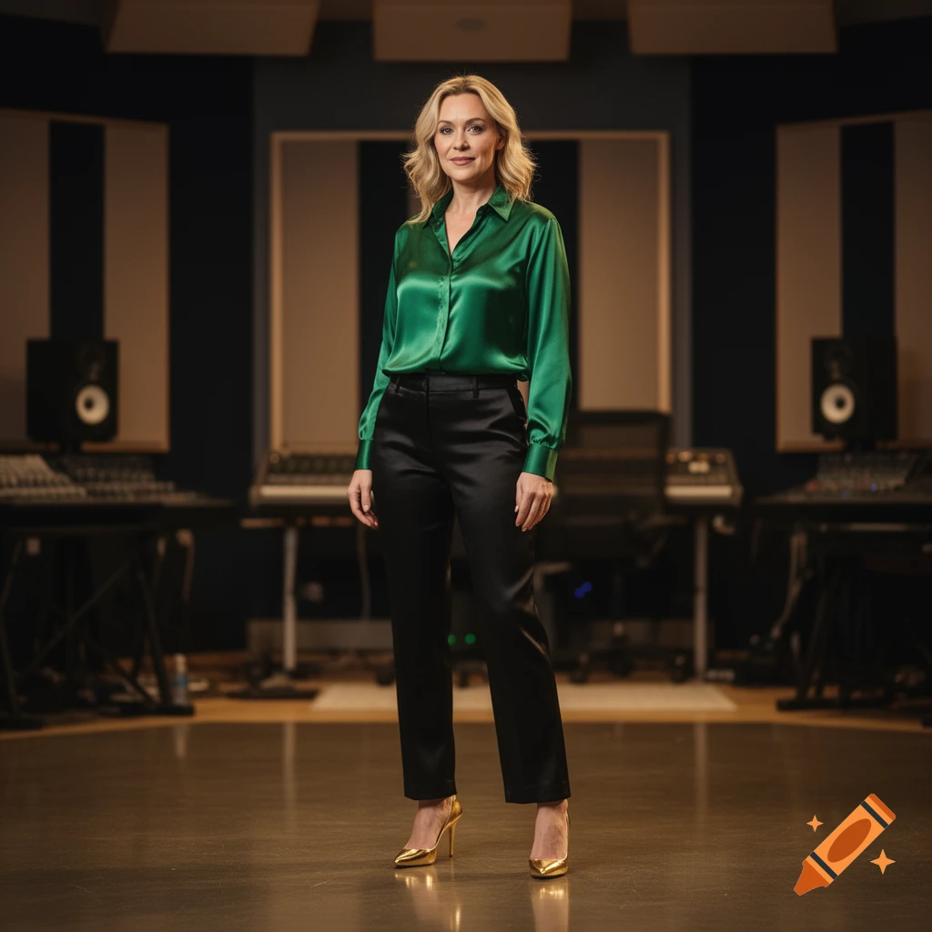 A woman in a green satin blouse, black satin pants, and golden high heels stands centered in a music recording studio.