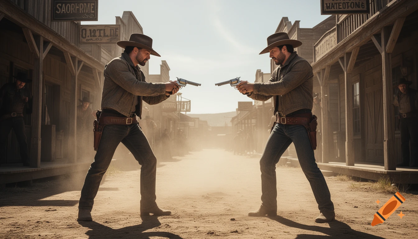 Two cowboys in hats aim pistols at each other in a dusty street of an old Western town, photorealistic style.