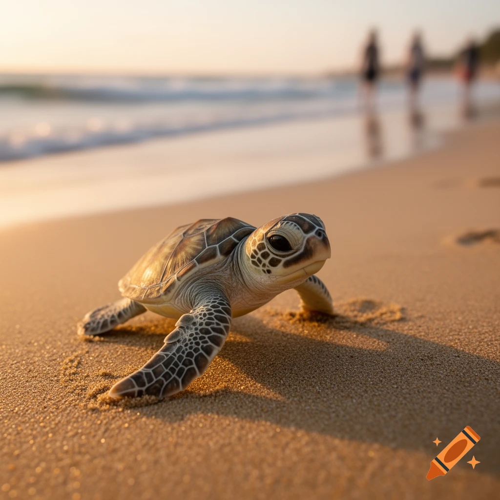 A cute baby sea turtle crawls on a sandy beach towards the ocean at sunset.