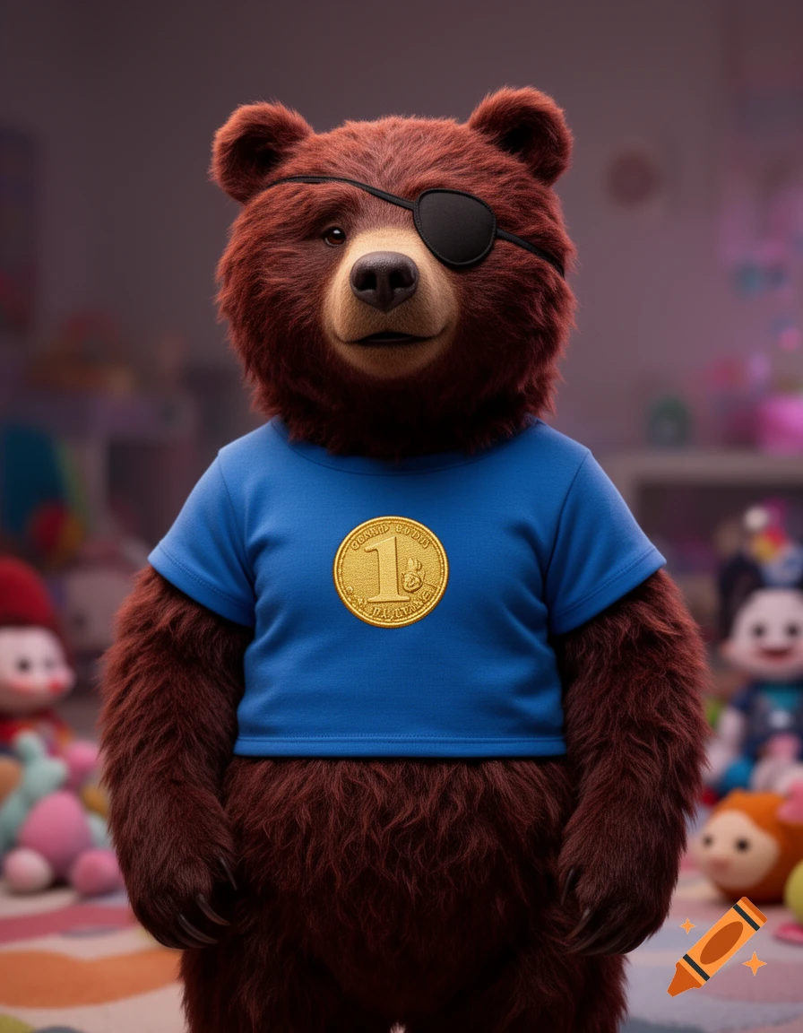 A photorealistic furry bear-like creature with an eye patch wears a blue t-shirt with a gold coin on it, against a blurred background.