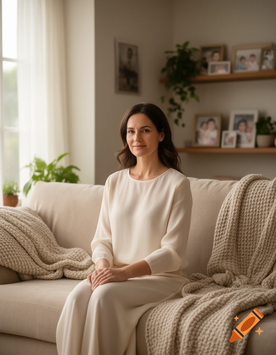 A woman in a cream dress sits smiling on a beige sofa with blankets, in a sunlit living room with framed photos.