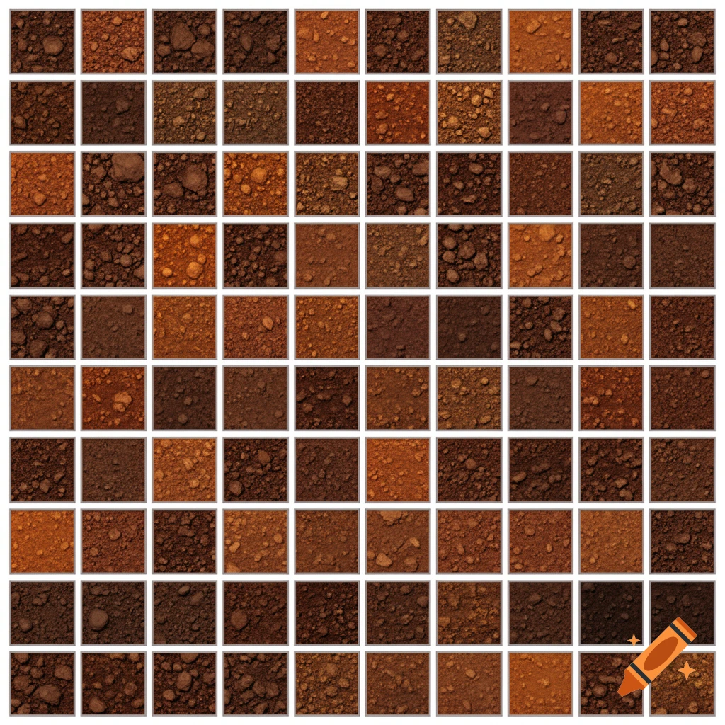 A 10x10 grid of square blocks, each filled with a unique texture of brown and reddish-brown soil and dirt, separated by white lines.