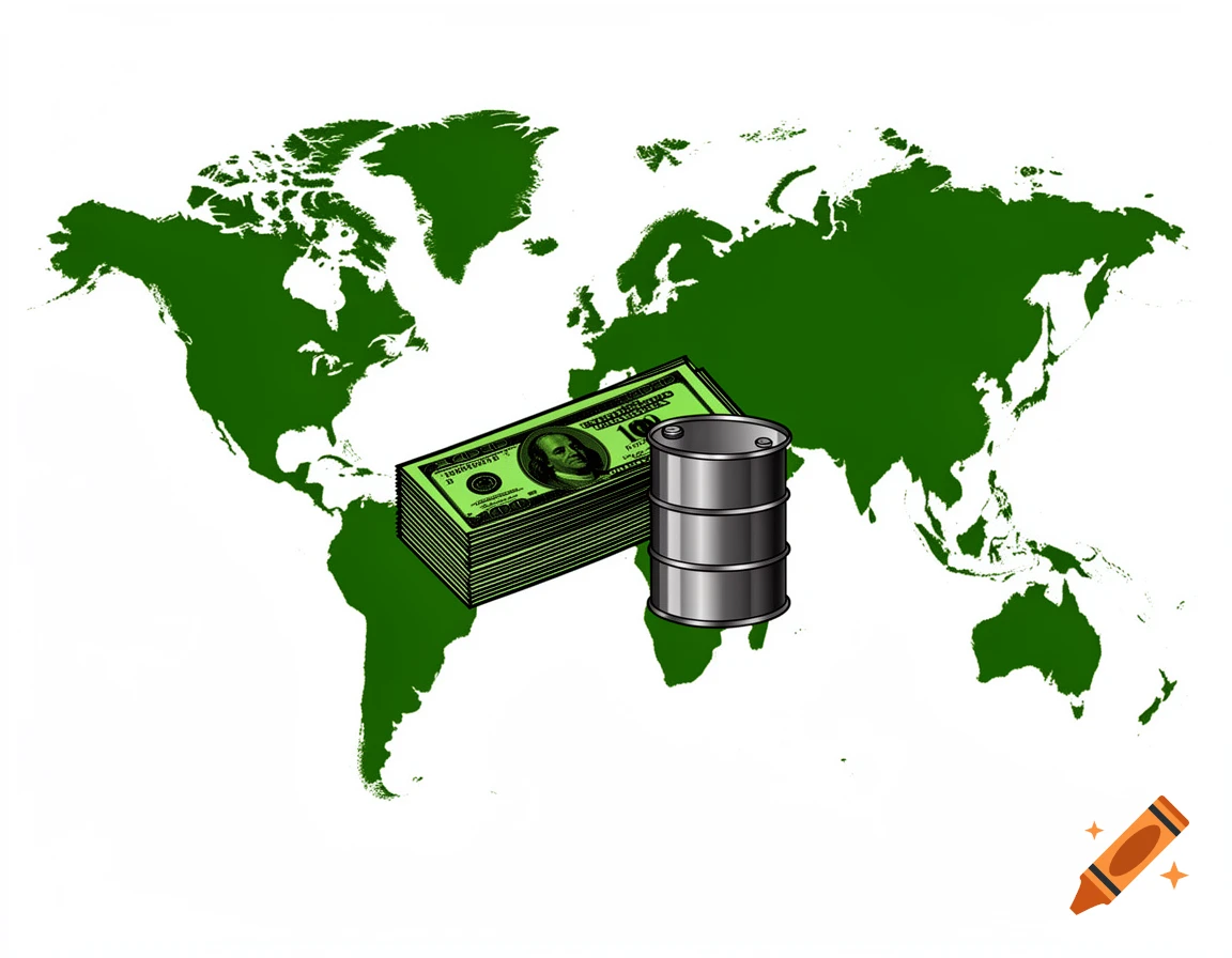 Stylized illustration of green dollar bills and a grey oil barrel on top of a green world map.