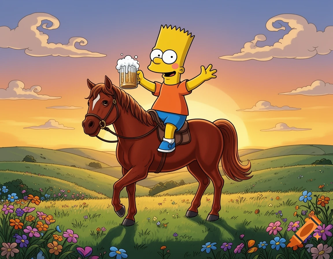 Bart Simpson rides a brown horse through a flowery field at sunset, holding a frothy mug of beer.