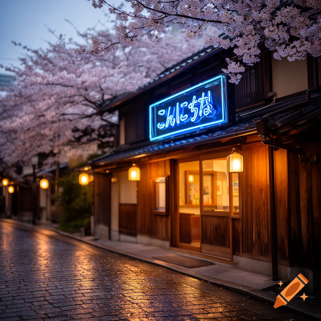 Japanese street at dusk with a neon sign on a wooden building, cherry blossoms, and a wet cobblestone street.