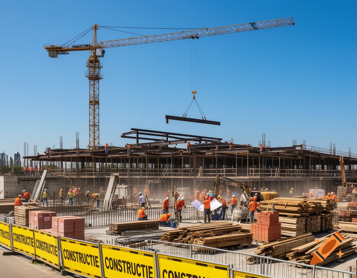 A busy construction site under a clear blue sky, with a crane lifting a steel beam and workers on various levels of a building framework.