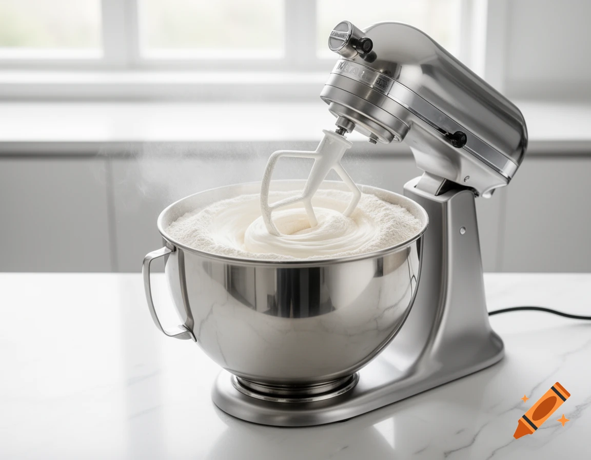 A silver stand mixer beats white cream or flour in a stainless steel bowl on a white marble counter in a brightly lit kitchen.