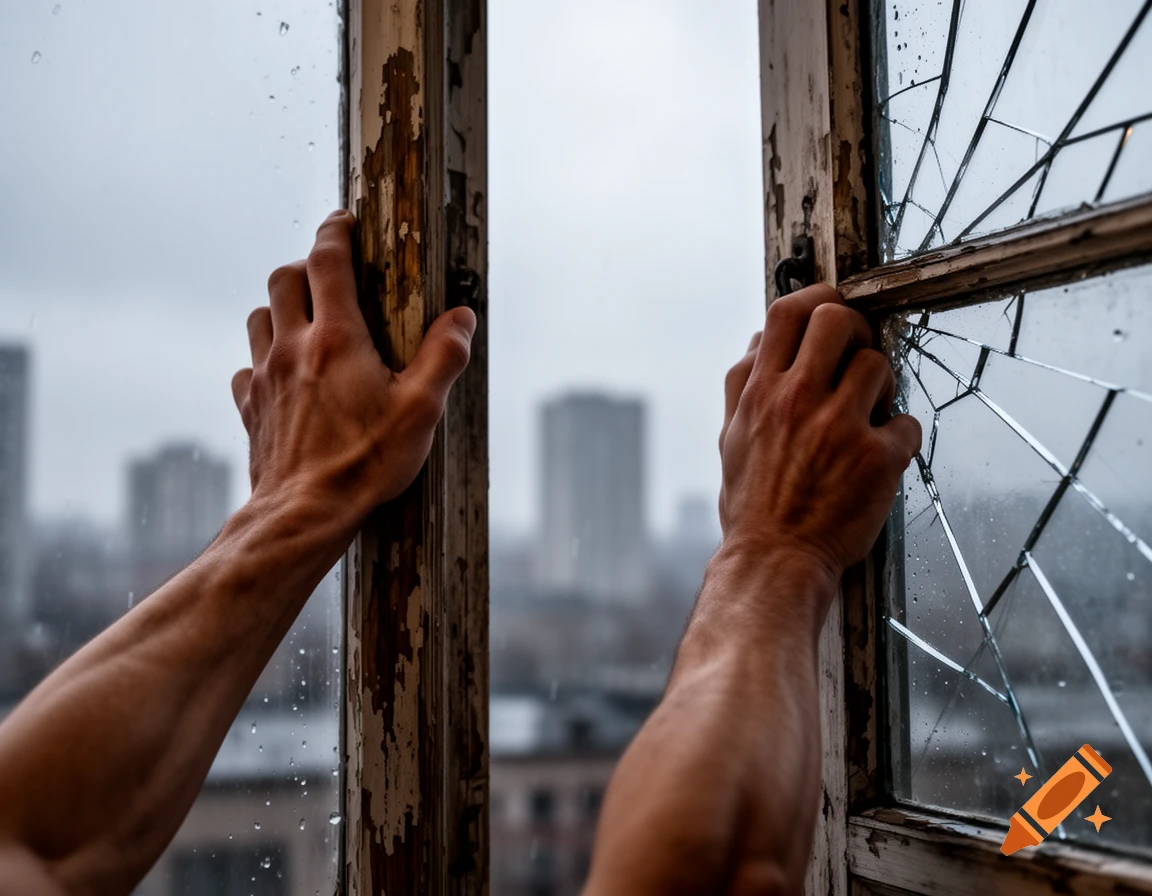 Close-up of hands gripping the weathered frame of a broken window, with a blurry urban skyline in the rainy background.