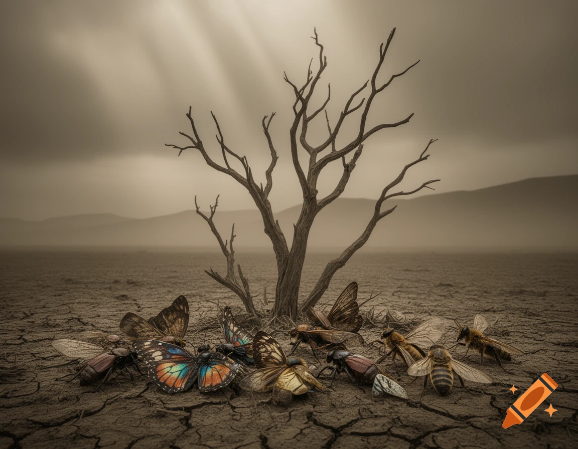 Dead butterflies, bees, and beetles surround a bare tree on dry, cracked earth under a grey sky.