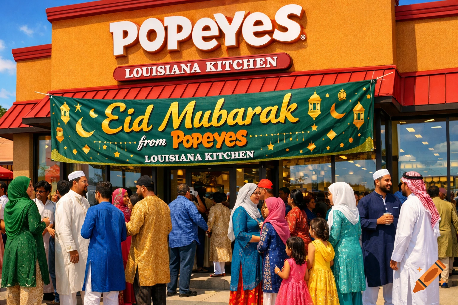 A diverse group celebrates Eid Mubarak in front of a Popeyes restaurant with a green banner.