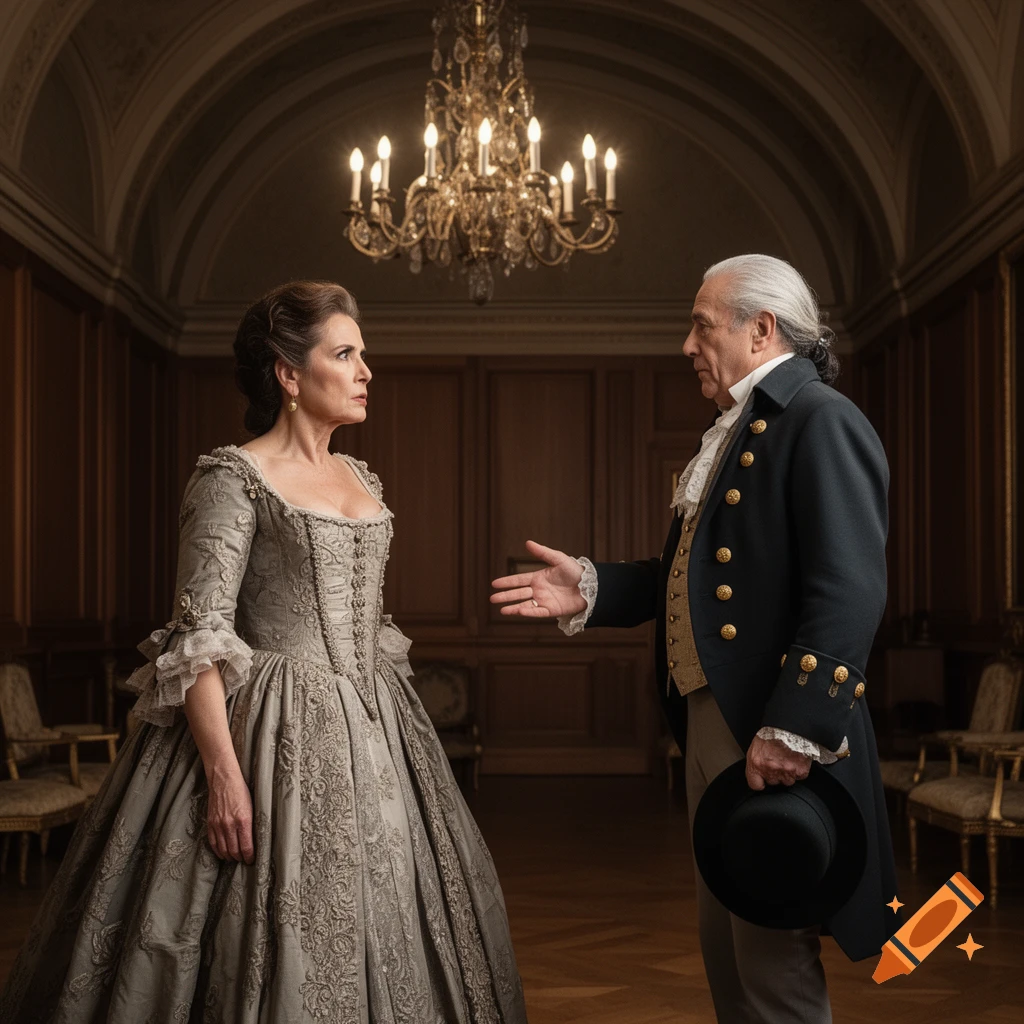 A woman in a grey historical gown and a man in a black coat and white wig stand in an ornate room, engaged in conversation.