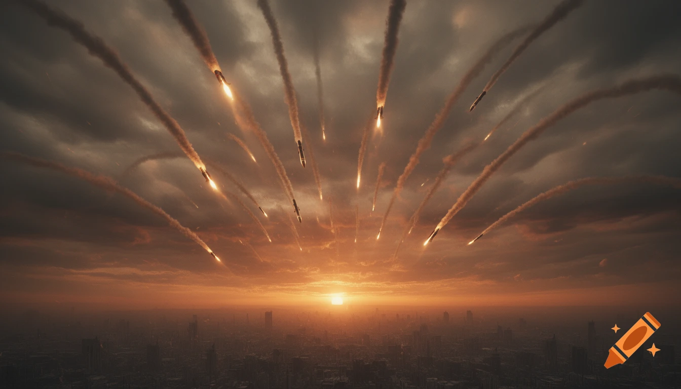 Numerous glowing missiles with smoke trails fall towards a sprawling city at a fiery orange sunset, creating an apocalyptic scene.