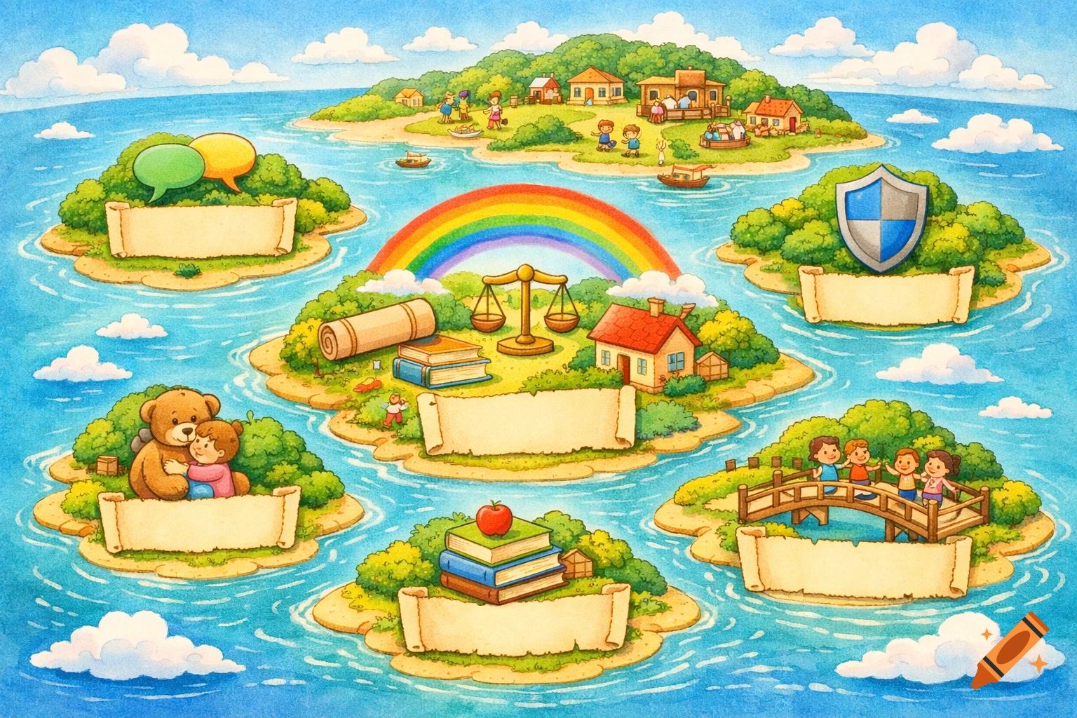 Colorful watercolor illustration of an archipelago map with islands, a rainbow, symbolic objects, and playful scenes with children.