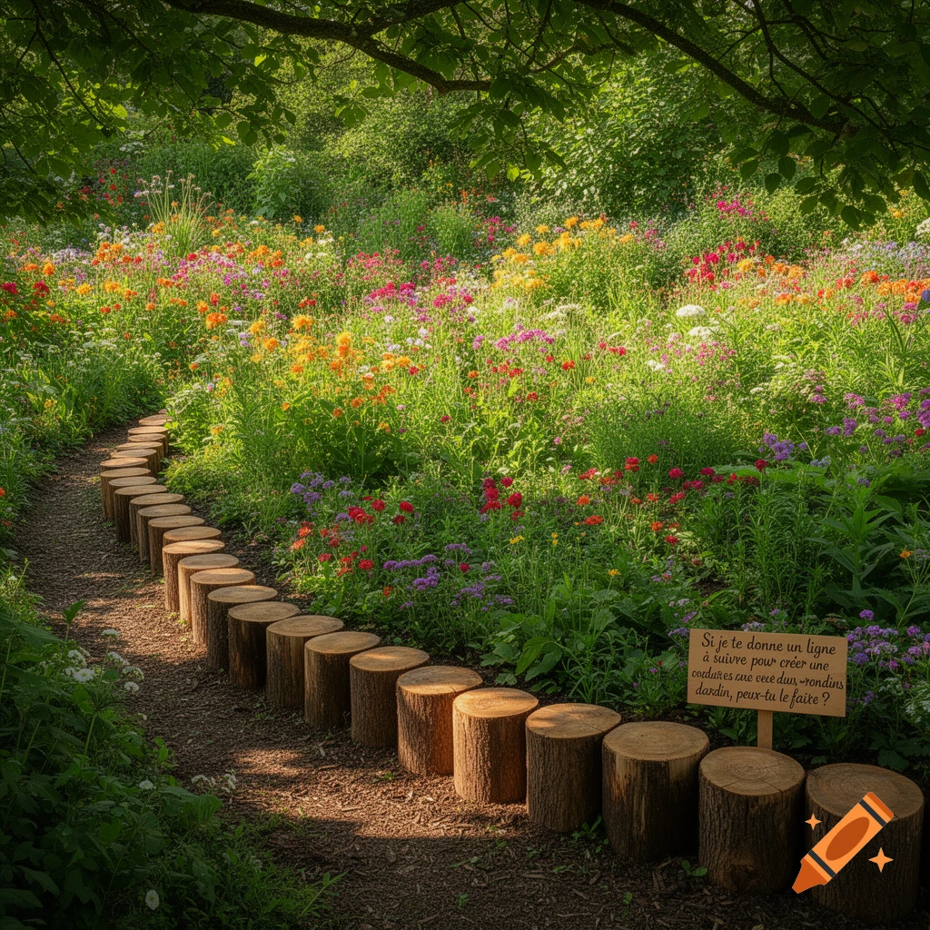A photorealistic image of a winding dirt path bordered by wooden log stumps, leading through a vibrant, sunlit flower garden. A small wooden sign with French text stands next to the path.