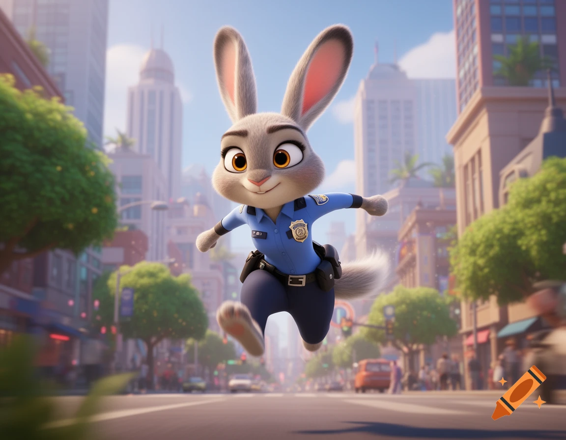 Judy Hopps, a cheerful anthropomorphic rabbit police officer, leaps ...