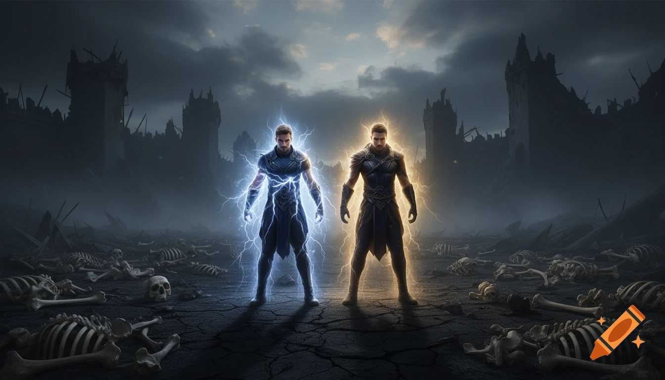 Two powerful men, one emanating blue lightning and the other golden light, stand in a dark, ruined kingdom littered with bones.