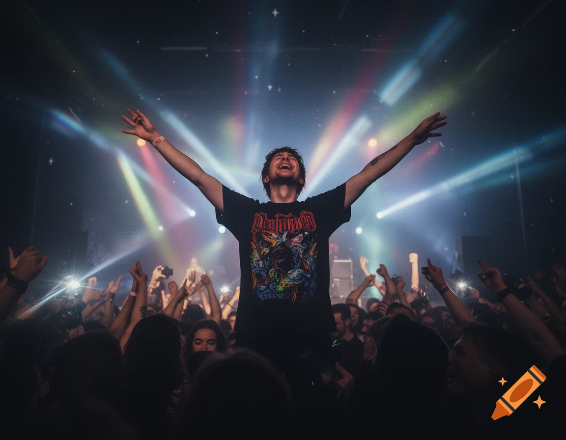 A person with arms raised enjoys a concert under bright spotlights, smiling amidst a cheering crowd.