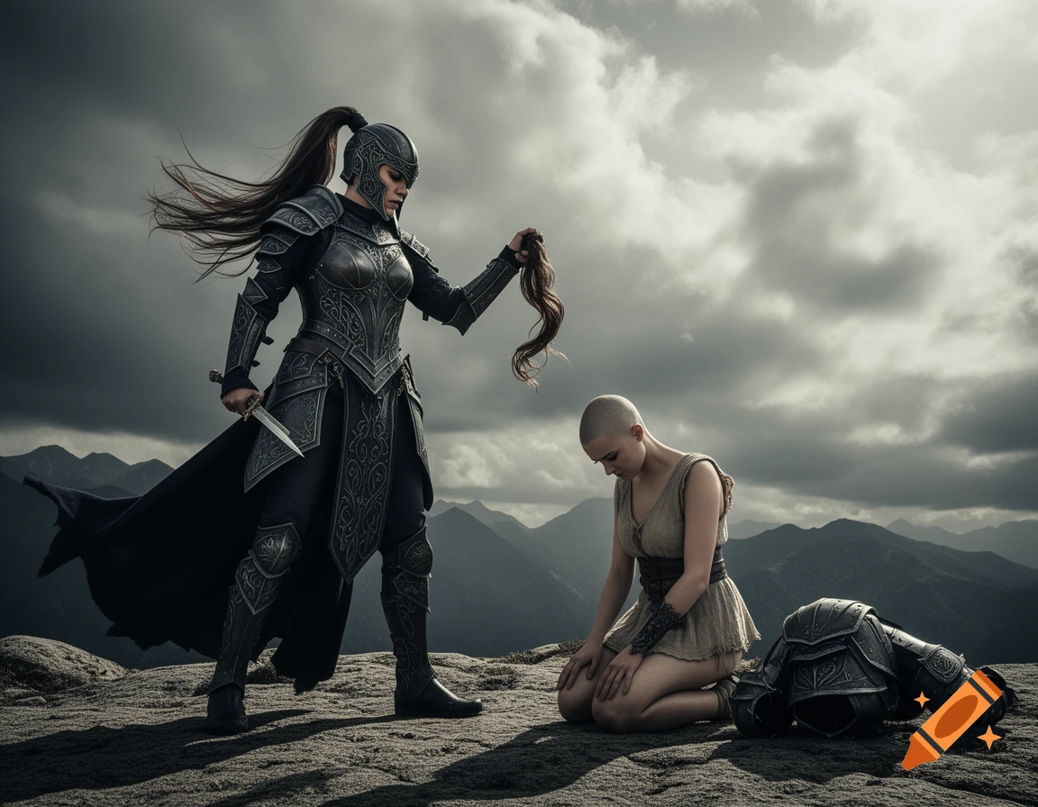 A dominant warrior in gothic armor holds a severed ponytail over a kneeling, shaven-headed warrior on a mountain.
