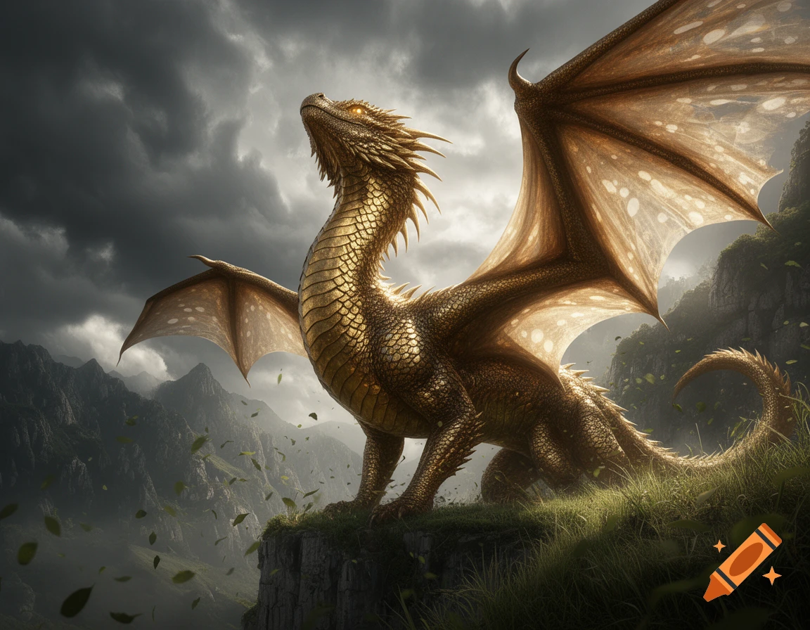 A majestic golden dragon with large wings stands on a rocky cliff ...