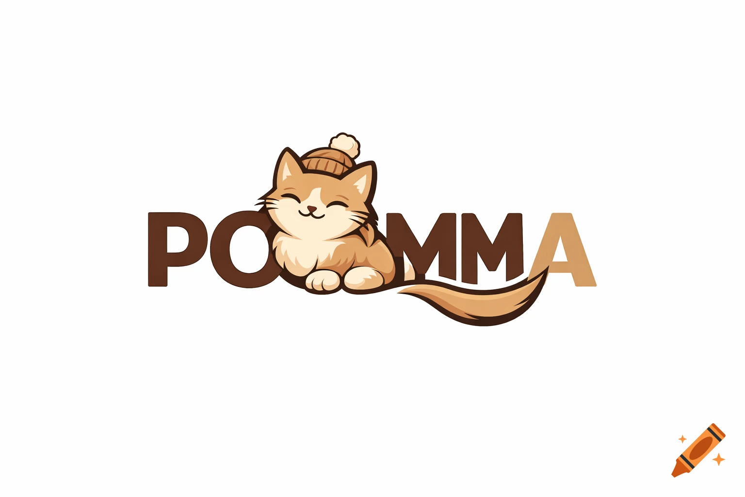 A cartoon logo features a happy brown and white cat wearing a beanie, integrated into the brand name POMMA.