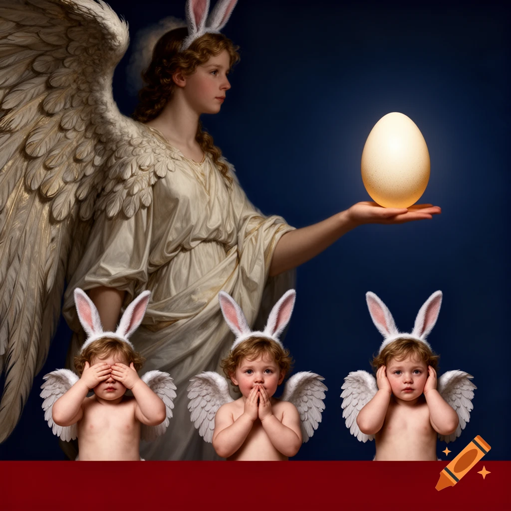 A hyperrealistic image of a large angel holding a glowing egg, with three small cherubs in bunny ears covering their eyes, mouth, and ears below.