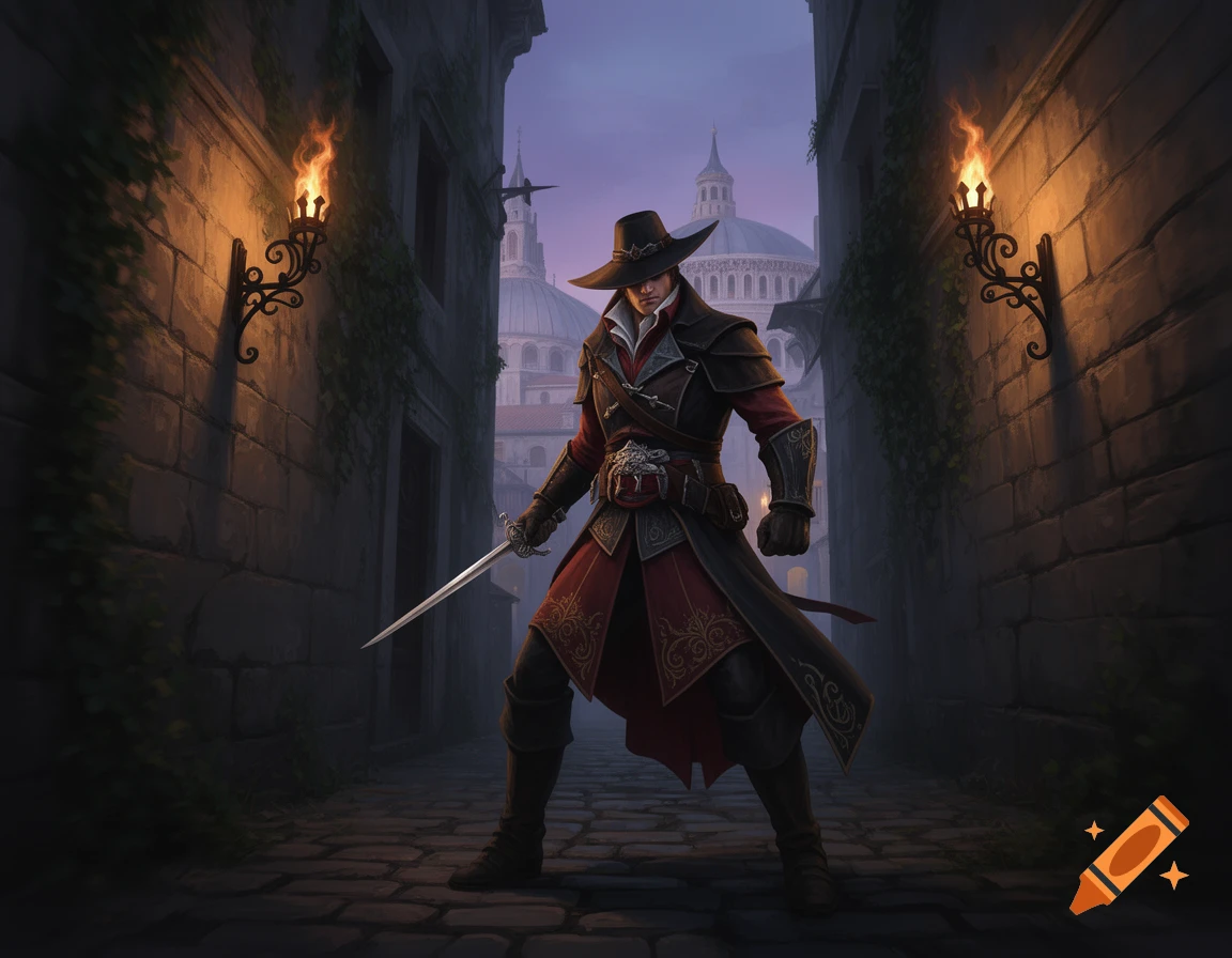 A man in a black hat and red-trimmed coat stands with a sword in a dark, torchlit alley, a domed building in the background. Digital painting.