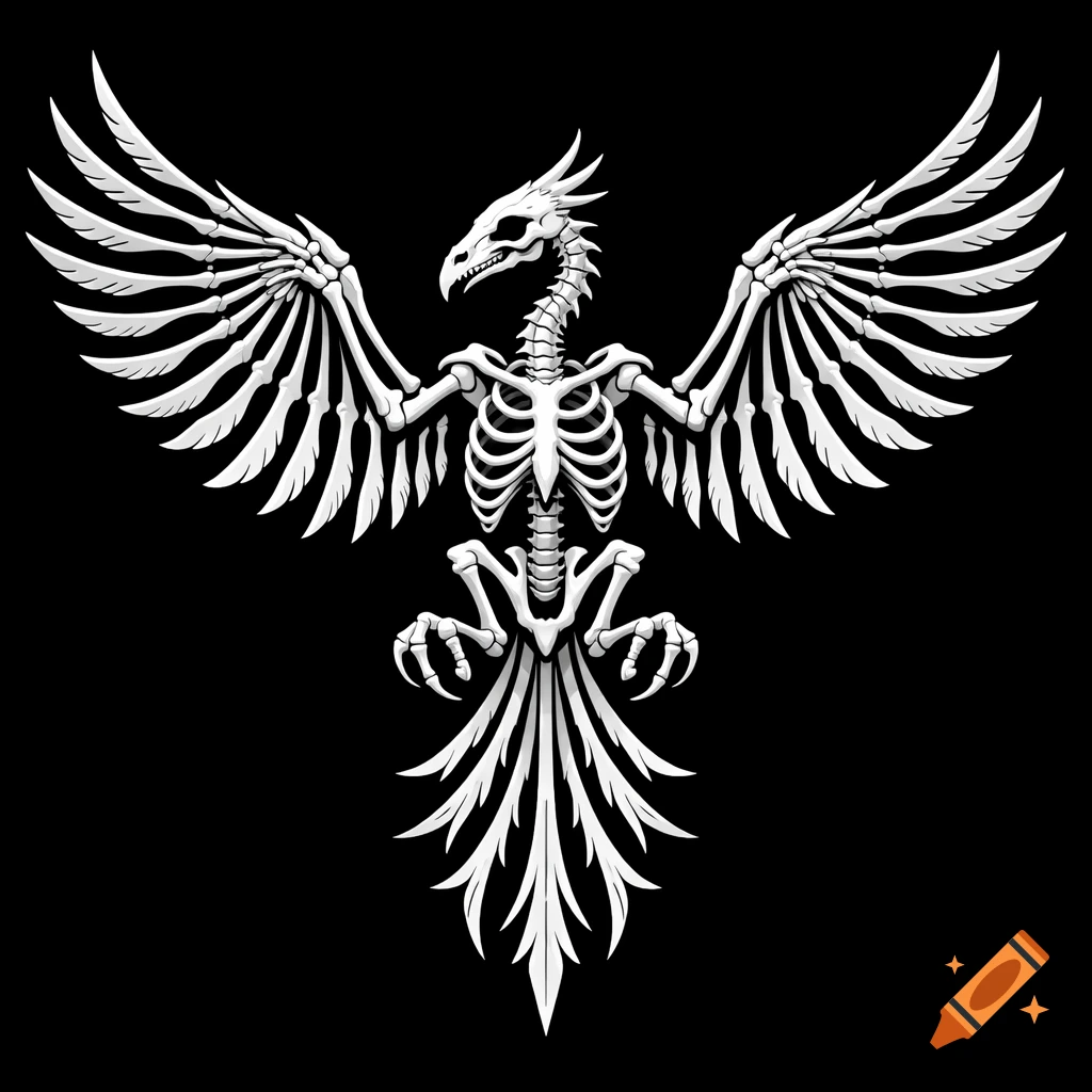 A white skeleton of a phoenix with spread wings, against a black background, in a stylized illustration.