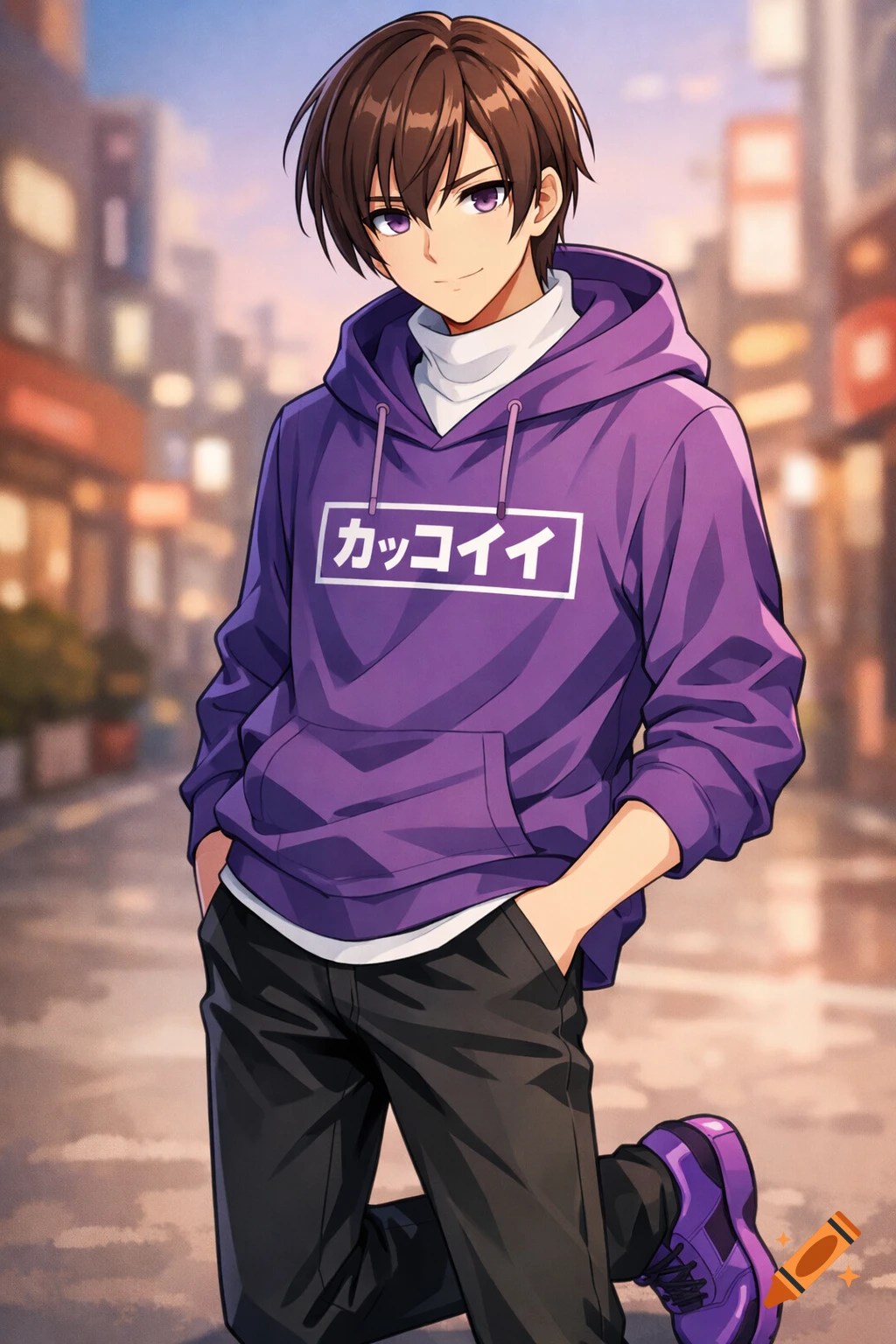 An anime boy with brown hair and purple eyes, wearing a purple hoodie ...