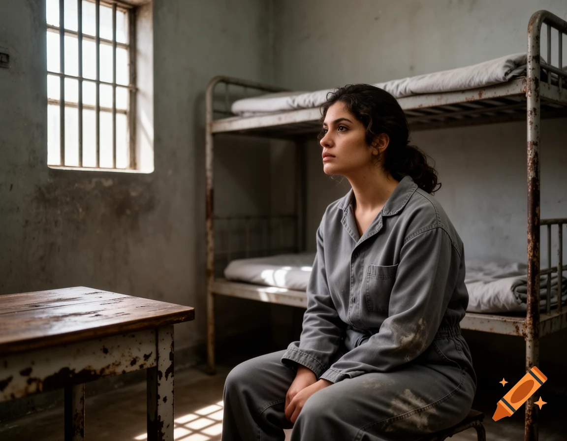 A young woman in a gray uniform sits thoughtfully in a dimly lit prison cell with a barred window and bunk beds. Photorealistic.