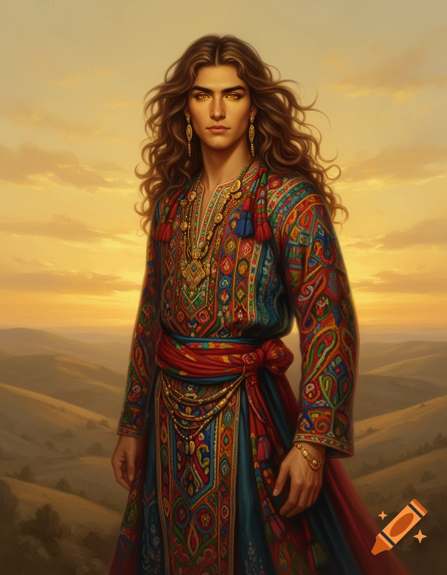 Digital painting of an androgynous person with long wavy brown hair and golden eyes in colorful traditional Kurdish clothing, standing before a sunset landscape.