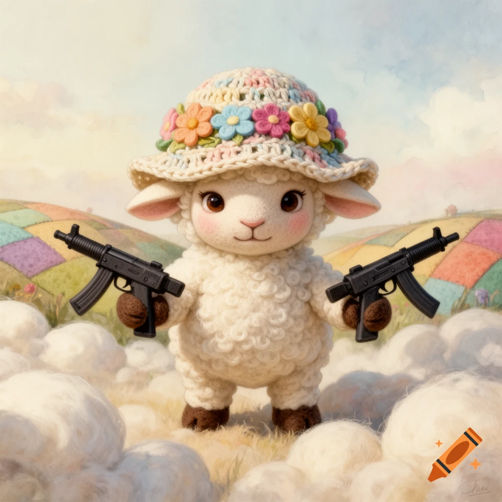 Felt art lamb in a floral granny hat holds two Uzis in a pastel field with fluffy clouds.