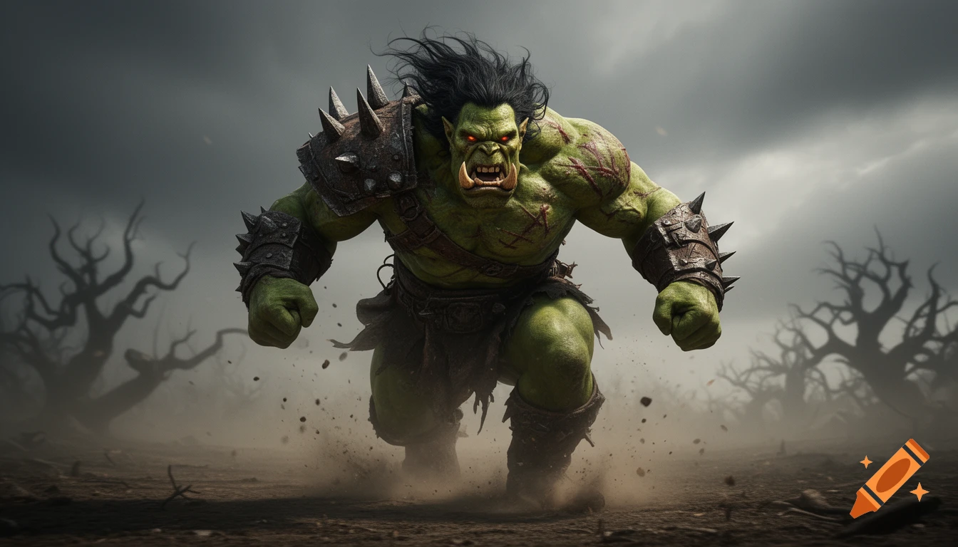 A ferocious green-skinned orc with tusks and red eyes, wearing spiked armor, charges through a dusty, desolate landscape with skeletal trees under a stormy sky.