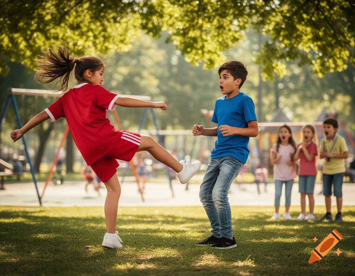 A girl in a red soccer uniform kicks towards a surprised boy in a blue shirt in a sunny park with other children playing.