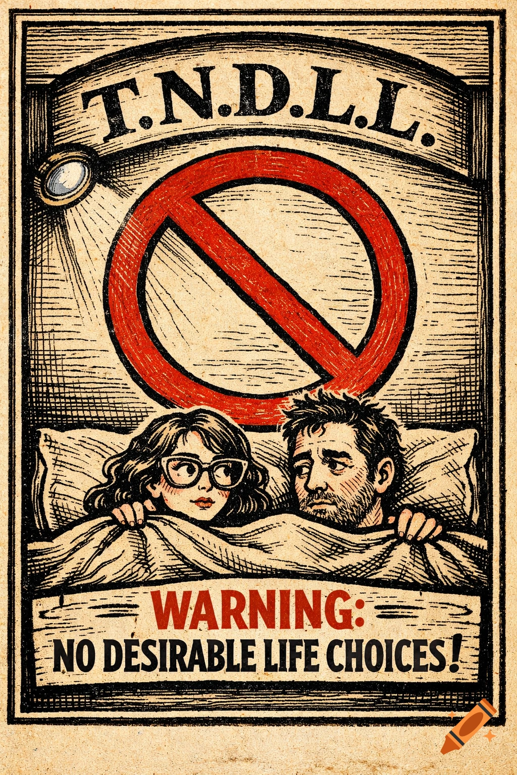 A vintage woodcut-style poster depicting a man and a woman in bed under a red prohibition symbol and text "WARNING: NO DESIRABLE LIFE CHOICES!"