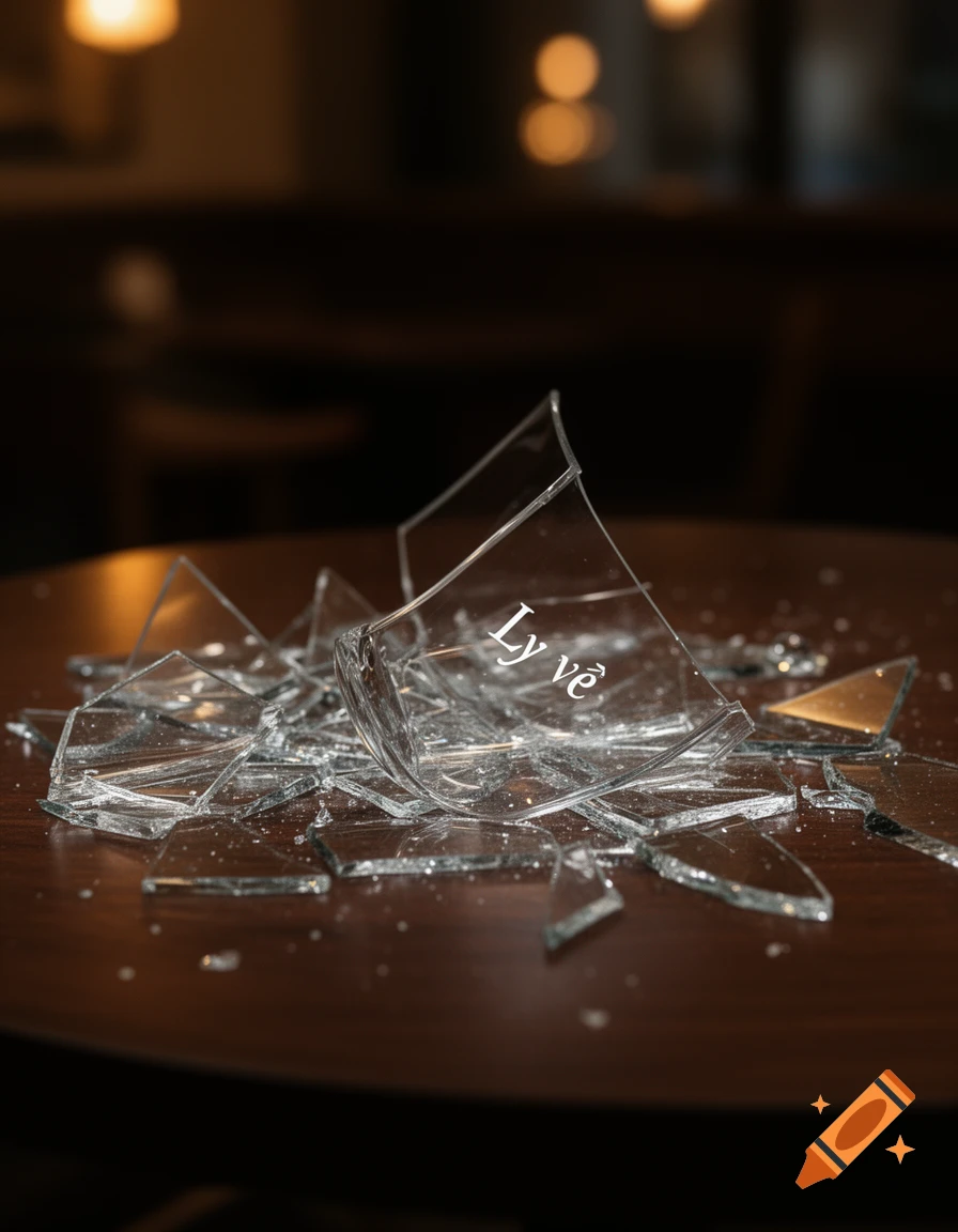 A close-up of a broken glass cup with 'Ly v translated from Vietnamese to 'Broken glass'" written on it, shattered into pieces on a dark wooden table.