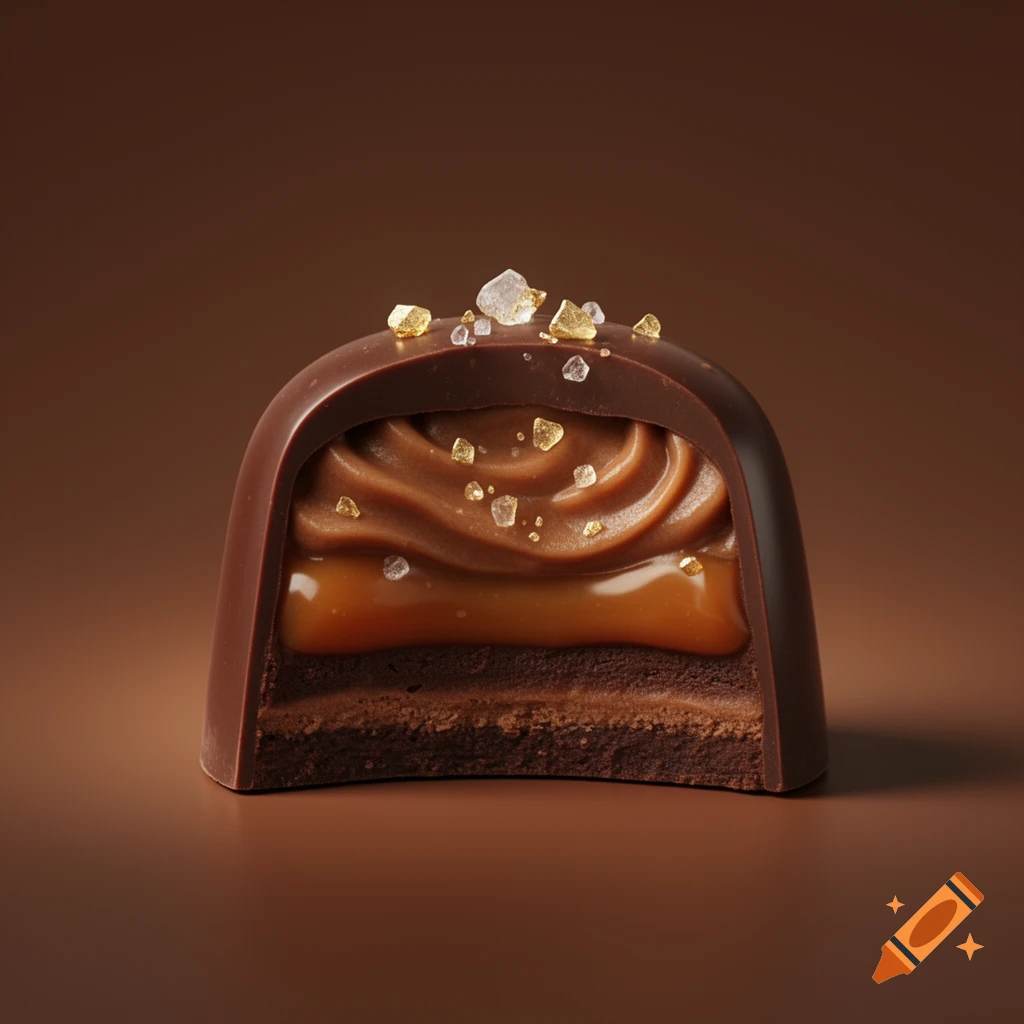 A cut-open chocolate bonbon with layers of chocolate, caramel, and a cookie base, topped with sea salt and gold flakes.