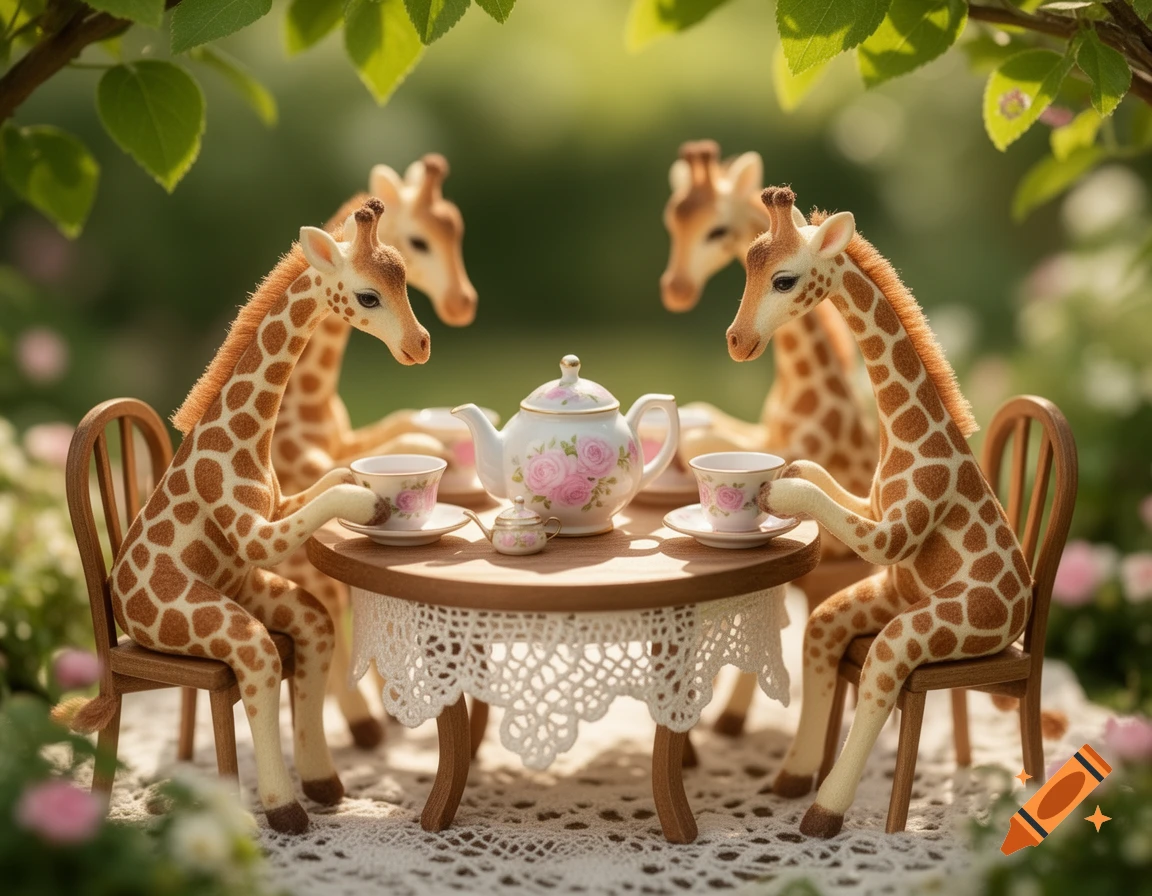 Miniature giraffes in a lush garden, sitting on chairs around a small wooden table with a floral teapot and teacups.
