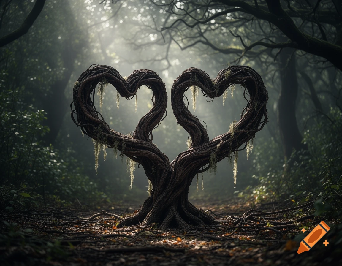 A dark, twisted tree forms two heart shapes with its branches, covered in moss, in a misty forest with sunlight filtering through.