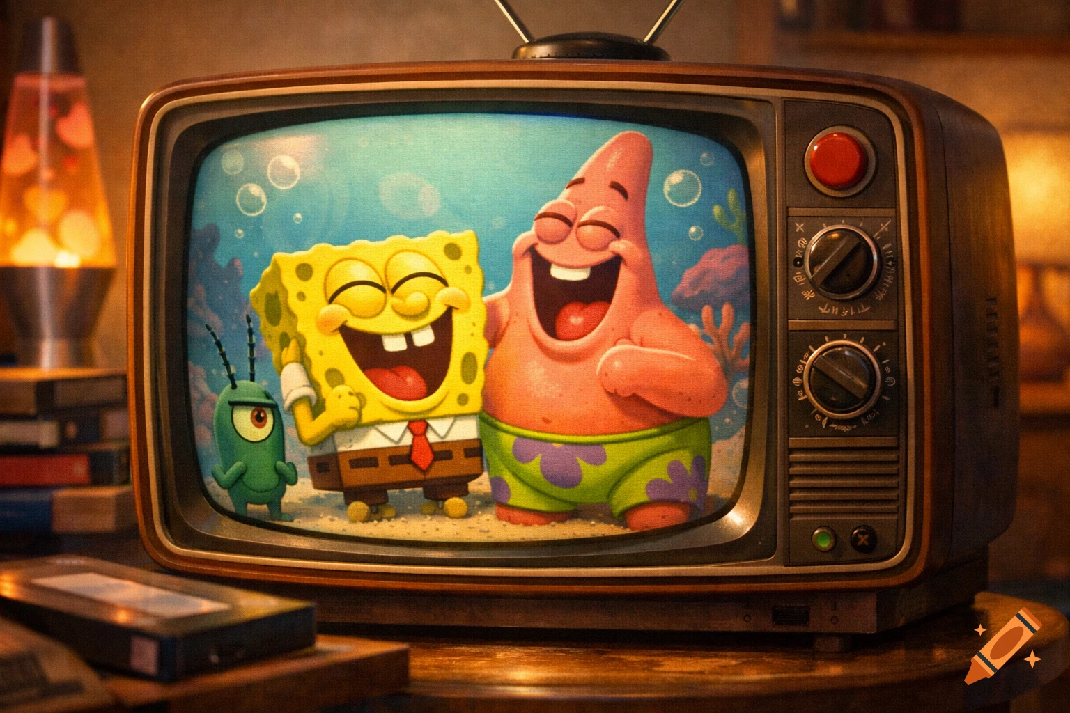 An old retro television set displays a colorful animated scene of Spongebob, Patrick, and Plankton. Spongebob and Patrick laugh joyfully, while Plankton looks serious.