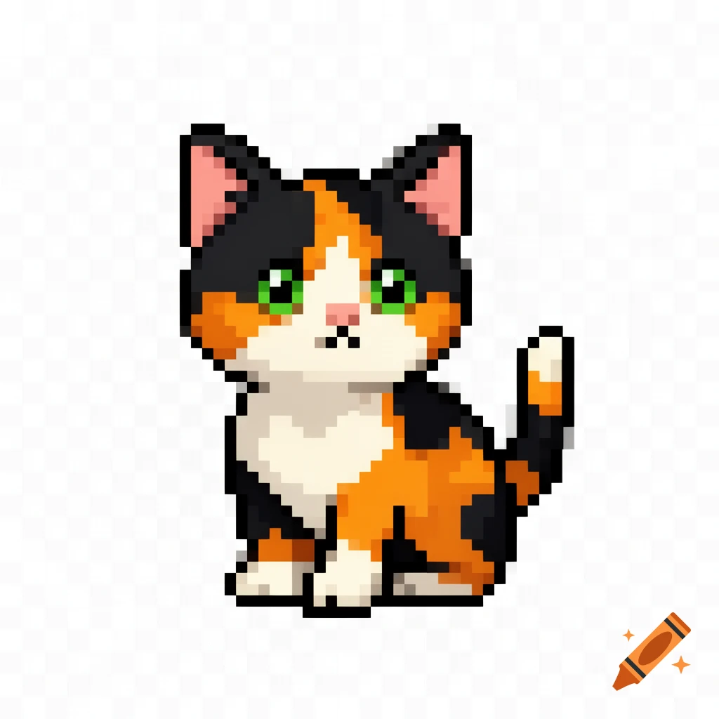 A pixel art calico cat, with black, orange, and white fur and green eyes, sits on a transparent background.