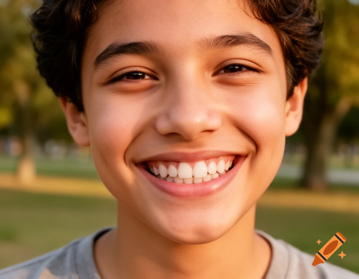 Close-up of a happy young boy with dark curly hair smiling broadly, showing white teeth, in warm outdoor light.