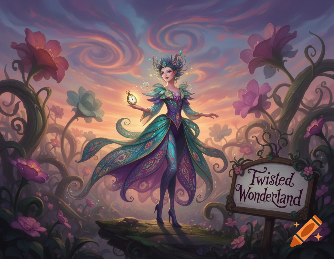 A fairy-like woman in an elaborate teal and purple gown holds a pocket watch in a vibrant, swirling fantasy garden with a sign reading 'Twisted Wonderland'.