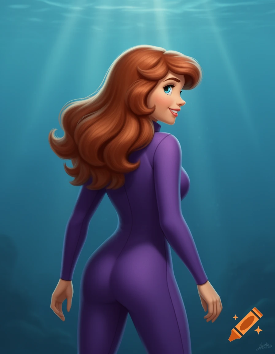 Daphne Blake from Scooby-Doo in a purple diving suit, looking back underwater in a stylized illustration.