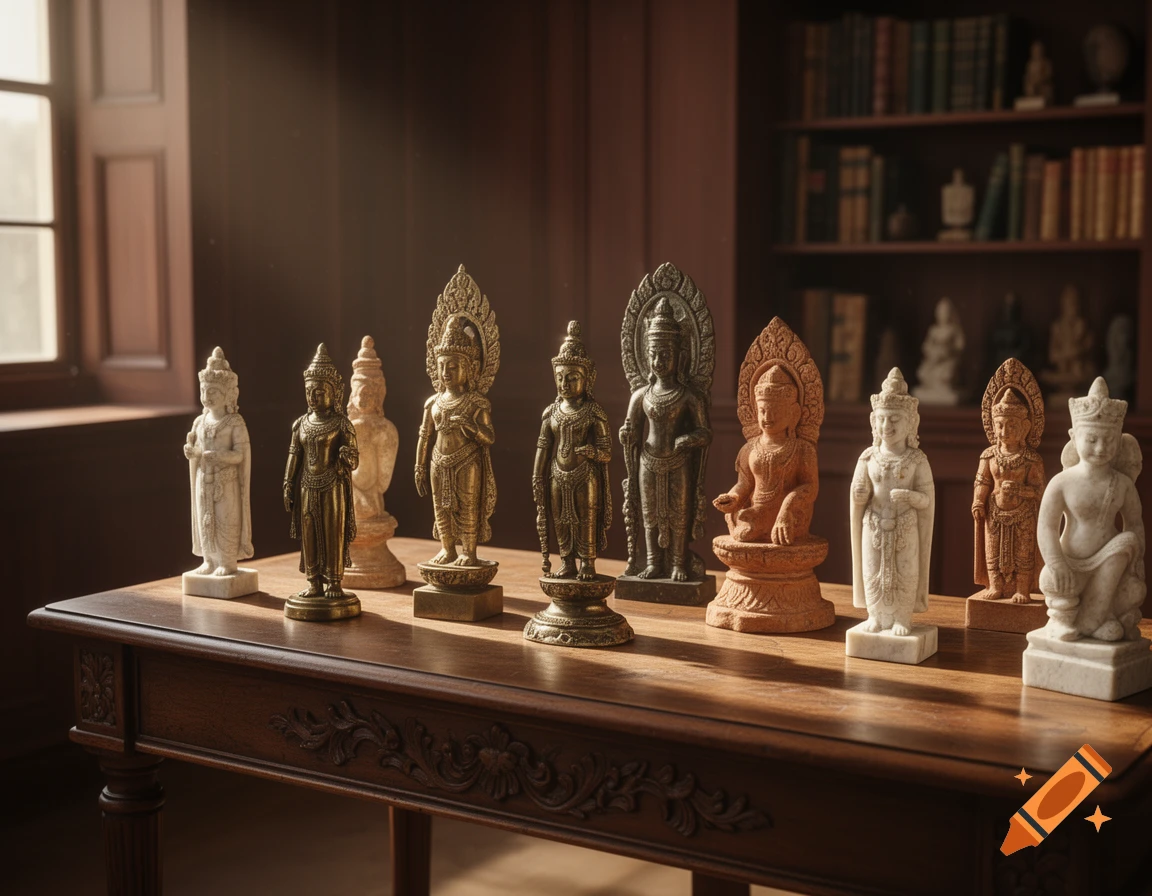 Various ornate gold, terracotta, and white stone statues of figures displayed on a polished wooden table in a sunlit room.