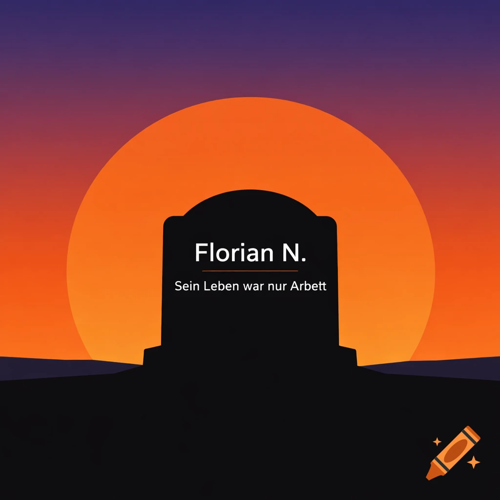 A minimalist vector graphic of a dark tombstone against a vibrant orange sunset, with text 'Florian N. Sein Leben war nur Arbeit' on it.