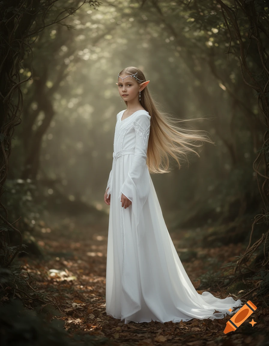 A young blonde elf girl in a white dress and silver headpiece stands in a misty forest with sunlight filtering through trees.